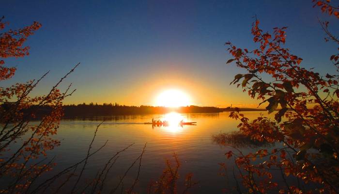 An image of a Dragon Boat practice in Calgary, AB, Canada, at sunset with a gorgeous, radiant sun reminding people to find and grow their inner light.