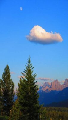 A simple photo of a moon, cloud, trees, and mountain in the morning in Banff, Alberta, Canada, to represent how to balance energy.