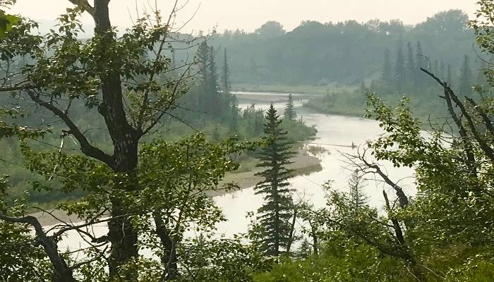 A photo of smoky skies in Calgary, Alberta, Canada with trees and river below. If we can be still and know we can clear the smoke in our minds, we emerge into our true selves.