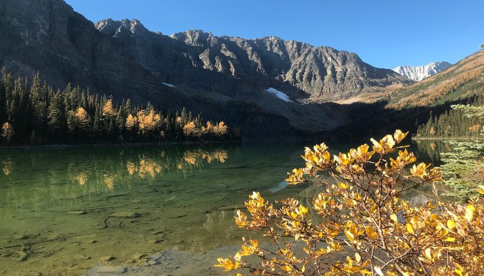 An Autumn leaves photo of Taylor Lake, Lake Louise, with green lake and mountains, a great place for being of service to others and fulfilling life purpose.