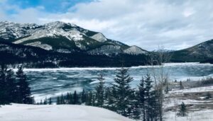 A photo of a frozen Barrier Lake, a place where we can learn to create a meditation space and feel our body and mind as a lake.